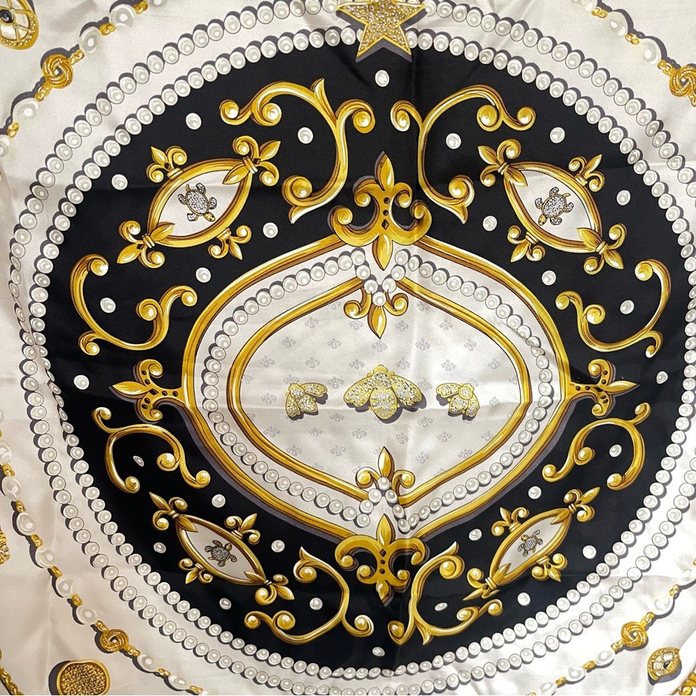 Vintage Joan Rivers 100% Silk Scarf‎ | Black Gold Baroque Jewelry Print Square - Picture 5 of 12